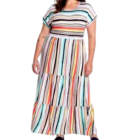 Lane Bryant Dresses & Skirts - LANE BRYANT Short Sleeve Multicolor Striped Tiered Maxi Dress